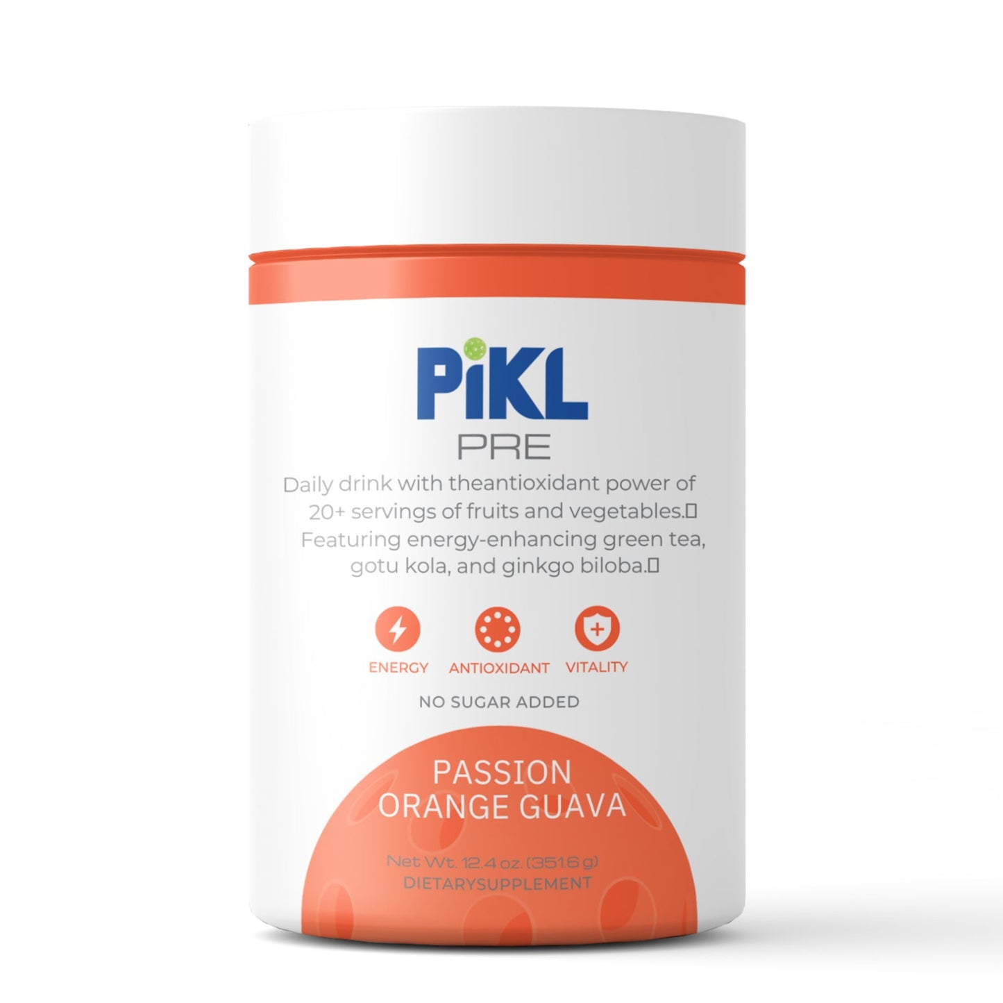 Pikal supplement container with orange and white design on a white background
